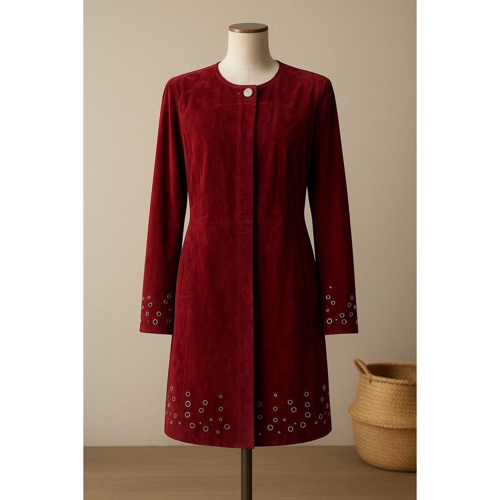 Bradley Bayou Red Suede Grommet Trimmed Long Sleeve Jacket Coat Women's Medium